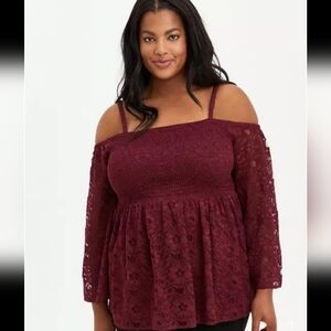 Babydoll Lace Smocked Cold Shoulder Top